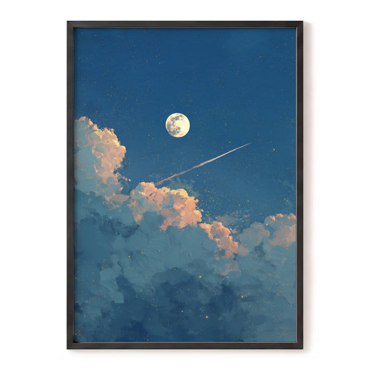 Moonlit Ember Clouds – blue, orange, gold nature wall art, front view