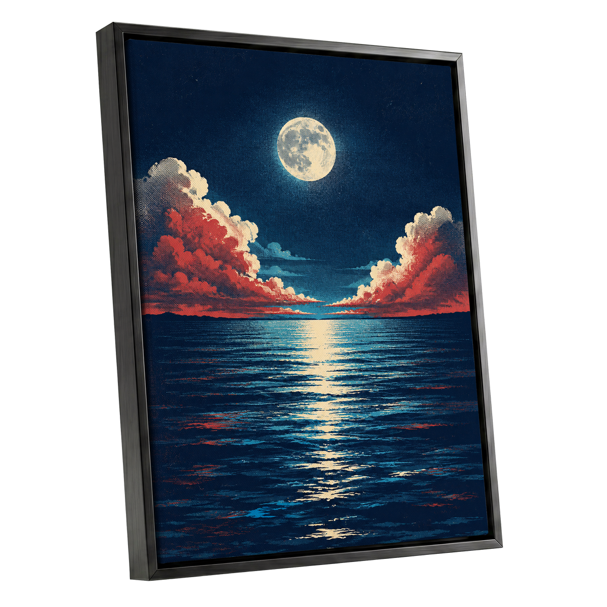 Moonlit Ember Sea, blue, red, beige nature wall art shown as a black framed canvas wall art