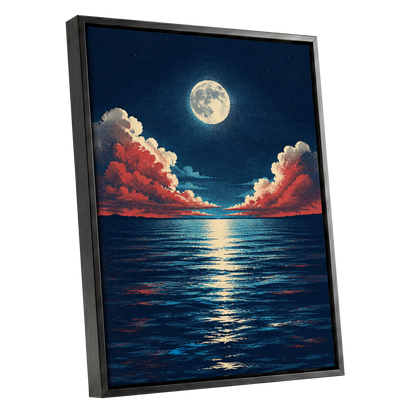 Moonlit Ember Sea, blue, red, beige nature wall art shown as a black framed canvas wall art