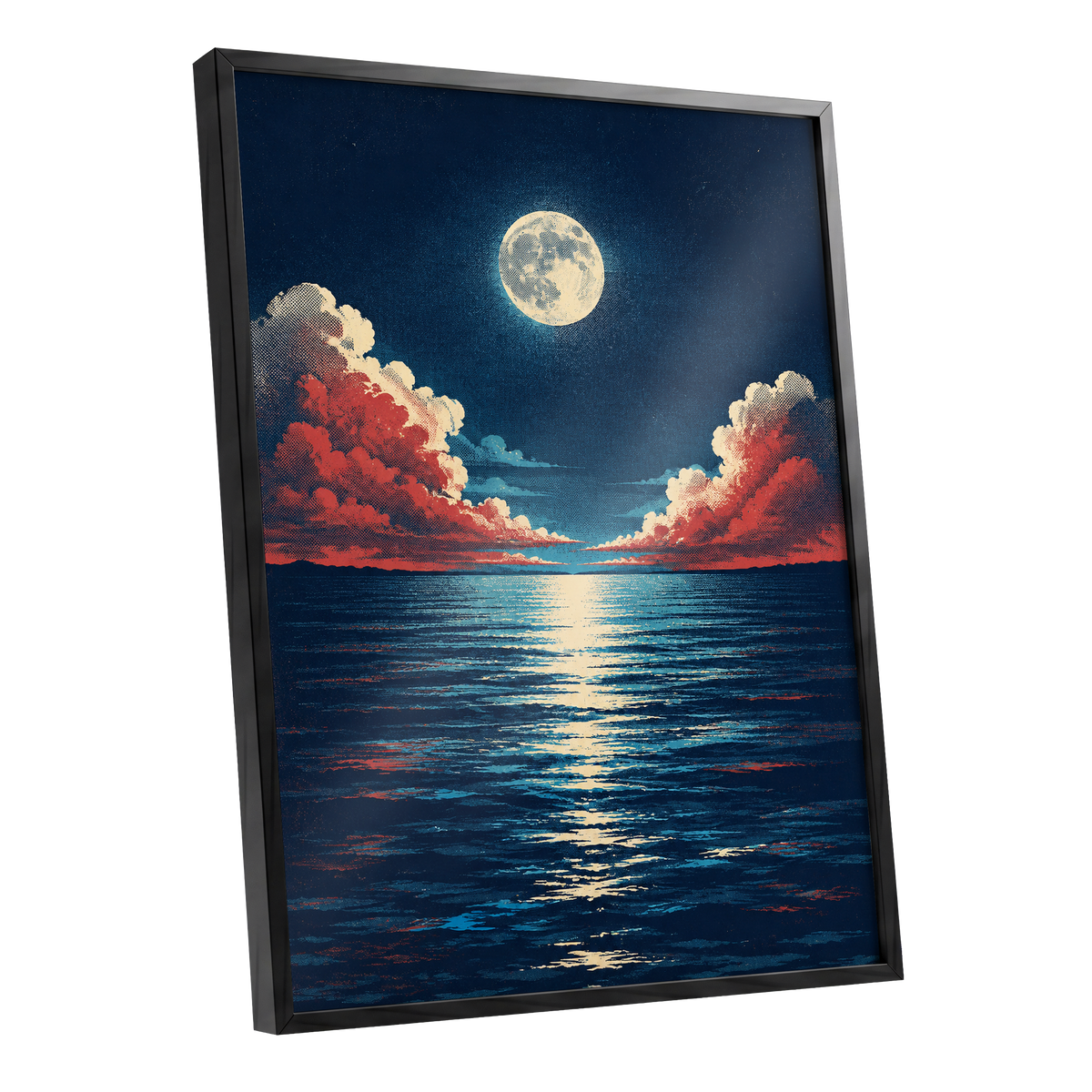 Moonlit Ember Sea, blue, red, beige nature wall art shown as a black framed poster wall art print