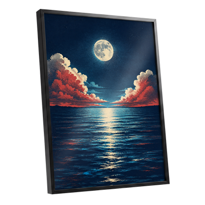Moonlit Ember Sea, blue, red, beige nature wall art shown as a black framed poster wall art print