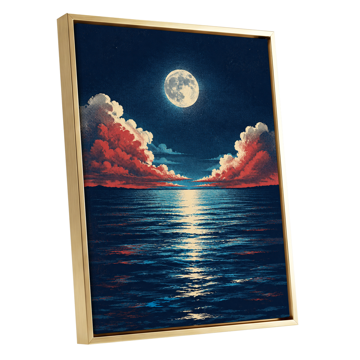 Moonlit Ember Sea, blue, red, beige nature wall art shown as a gold framed canvas wall art