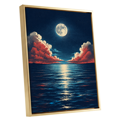 Moonlit Ember Sea, blue, red, beige nature wall art shown as a gold framed canvas wall art