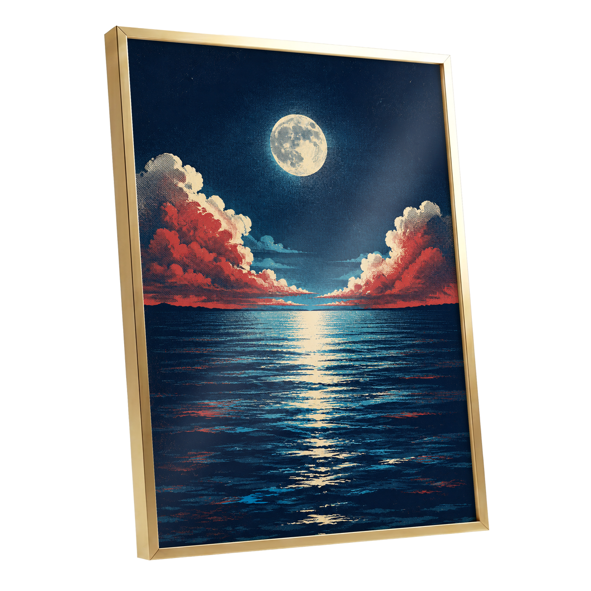 Moonlit Ember Sea, blue, red, beige nature wall art shown as a gold framed poster wall art print