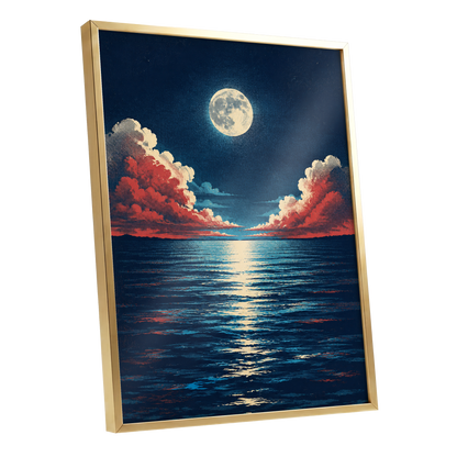 Moonlit Ember Sea, blue, red, beige nature wall art shown as a gold framed poster wall art print