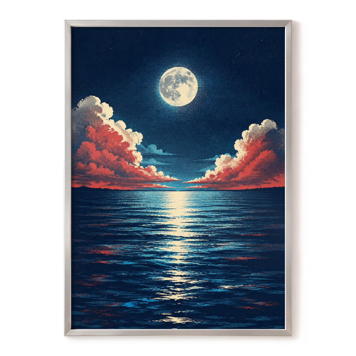 Moonlit Ember Sea, blue, red, beige nature wall art, front artwork view