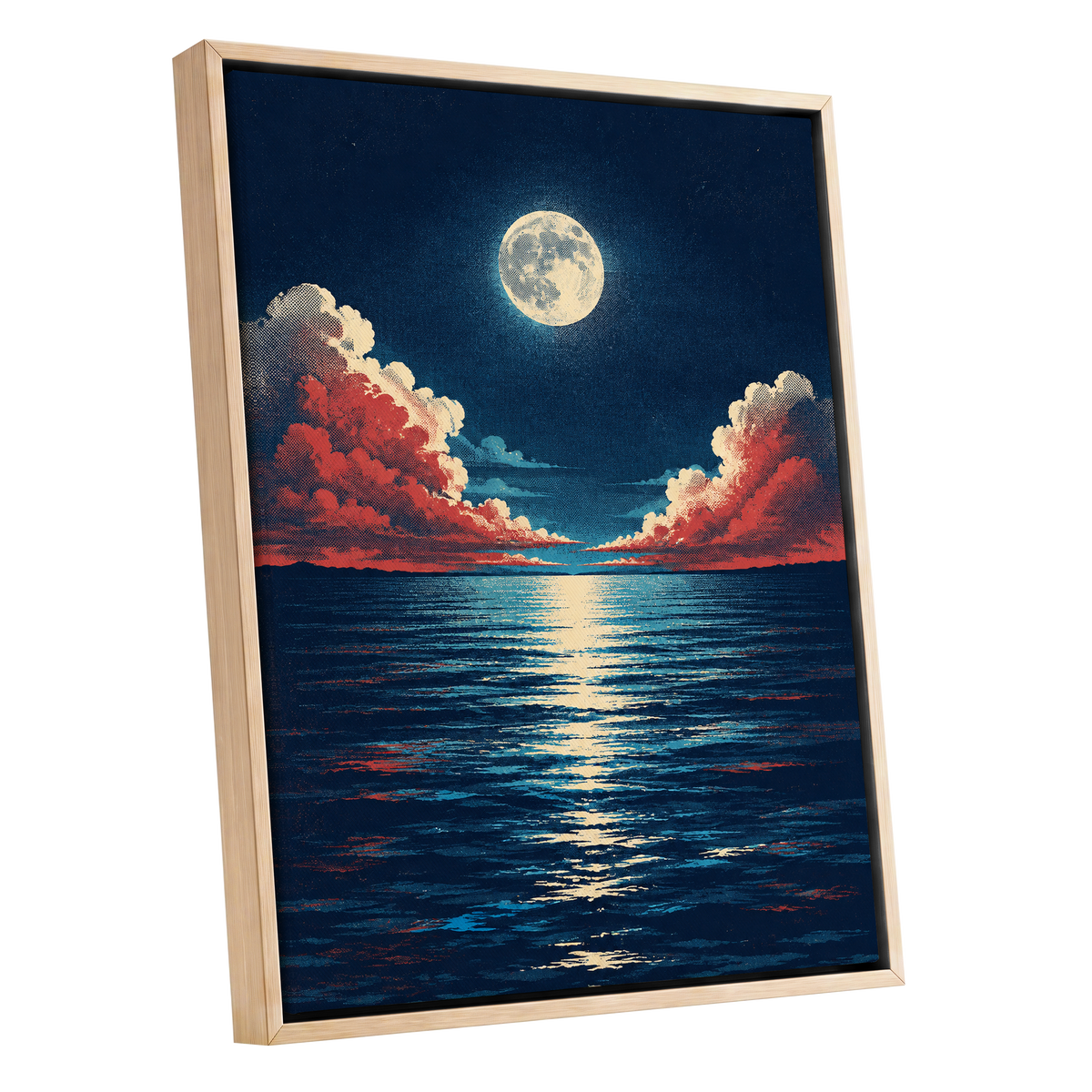Moonlit Ember Sea, blue, red, beige nature wall art shown as a oak framed canvas wall art