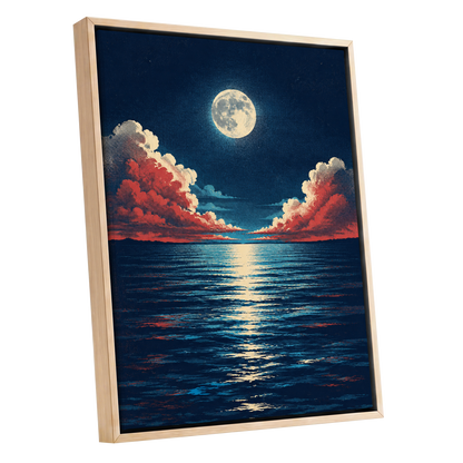 Moonlit Ember Sea, blue, red, beige nature wall art shown as a oak framed canvas wall art