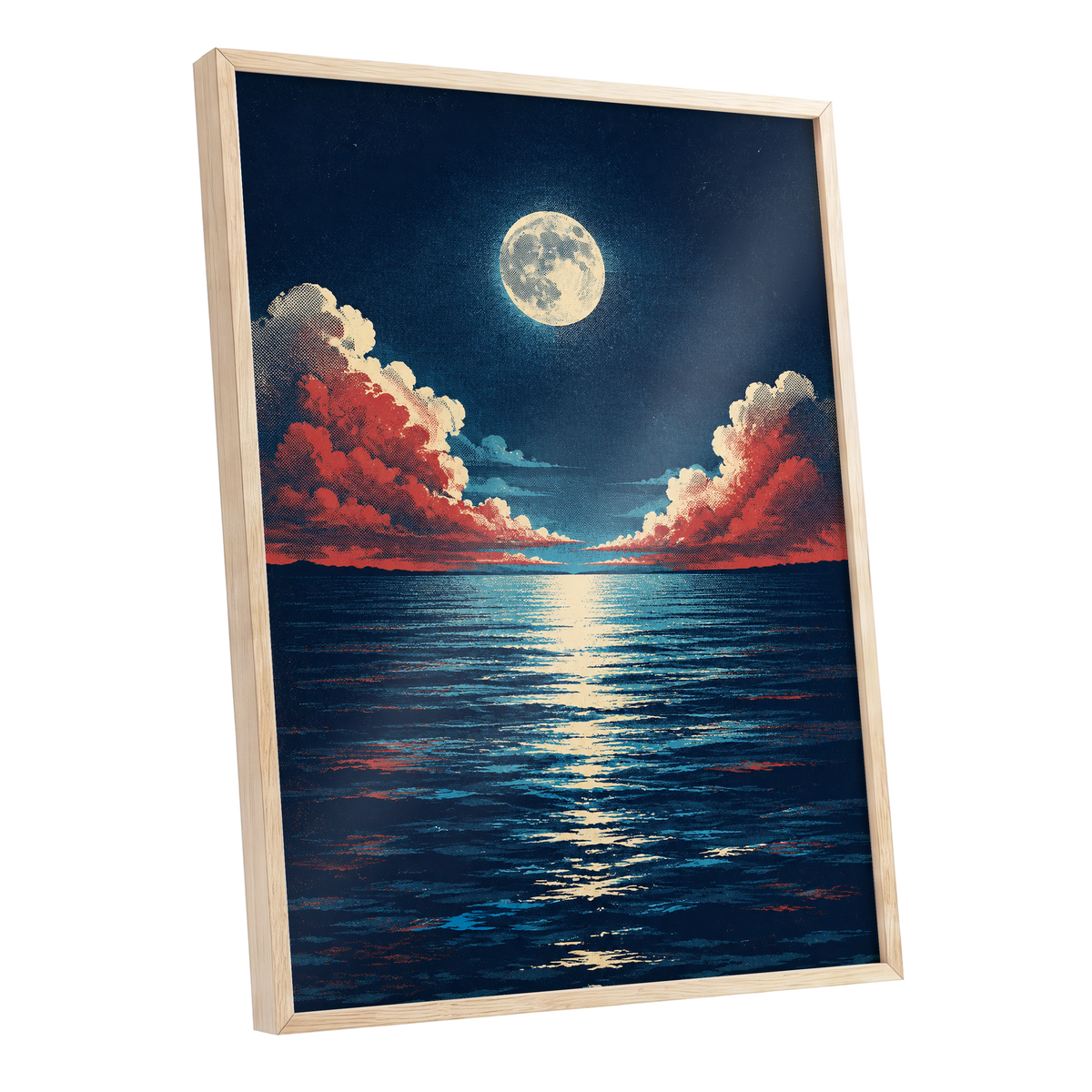 Moonlit Ember Sea, blue, red, beige nature wall art shown as a oak framed poster wall art print