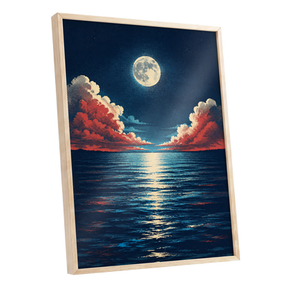 Moonlit Ember Sea, blue, red, beige nature wall art shown as a oak framed poster wall art print