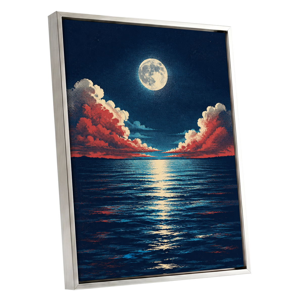 Moonlit Ember Sea, blue, red, beige nature wall art shown as a silver framed canvas wall art