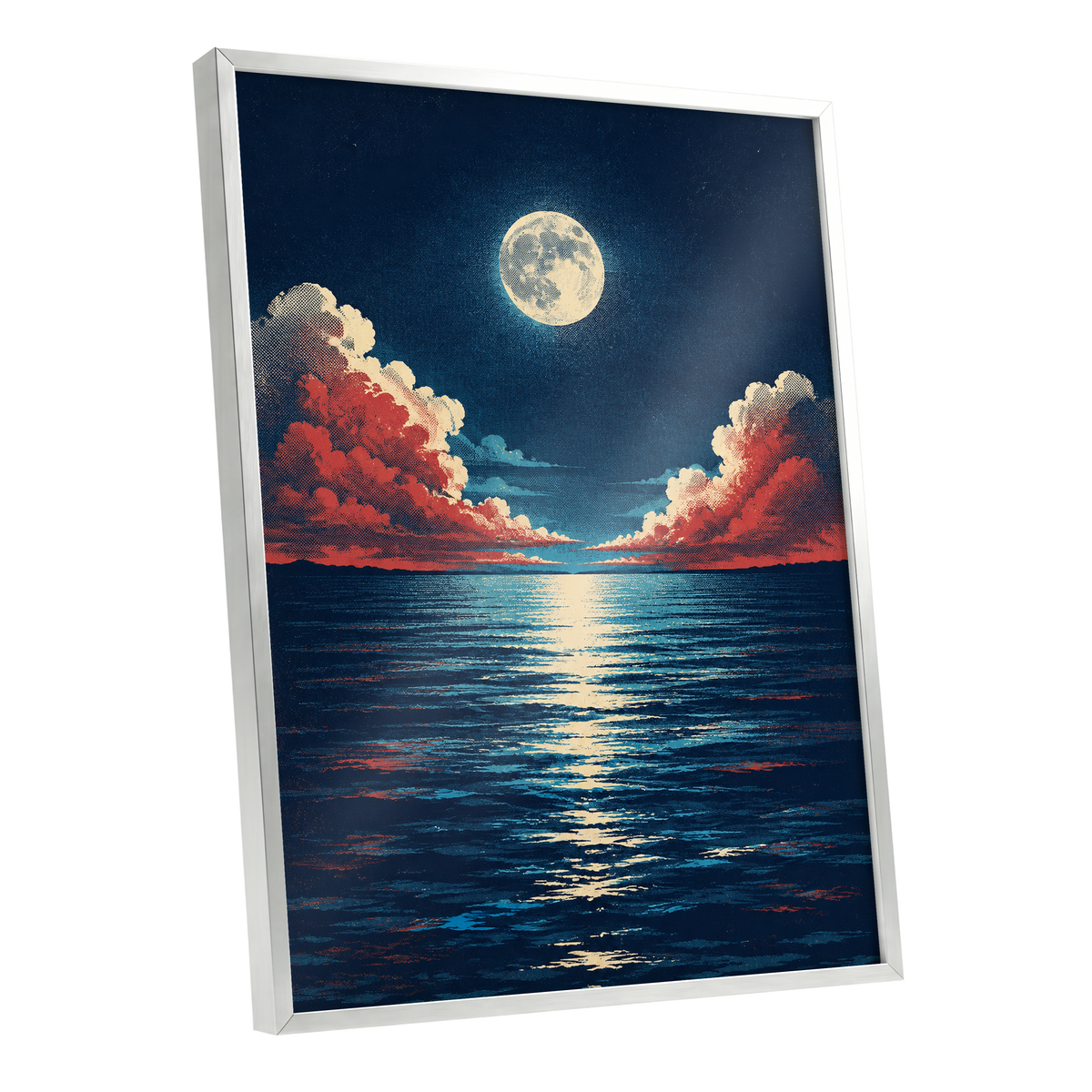 Moonlit Ember Sea, blue, red, beige nature wall art shown as a silver framed poster wall art print