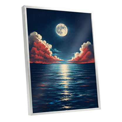 Moonlit Ember Sea, blue, red, beige nature wall art shown as a silver framed poster wall art print