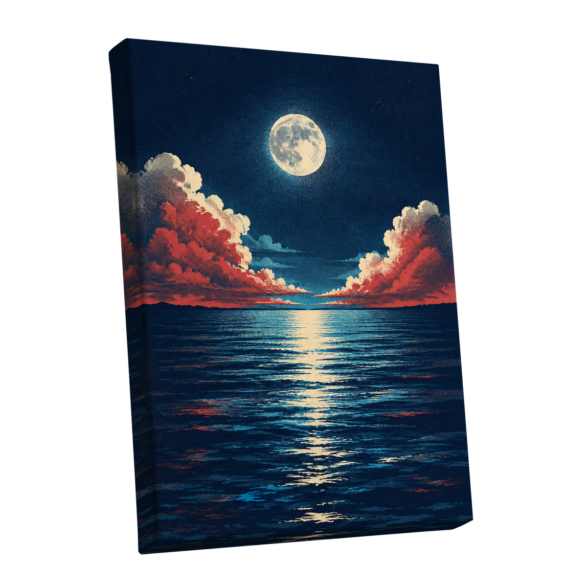 Moonlit Ember Sea, blue, red, beige nature wall art shown as a stretched canvas wall art