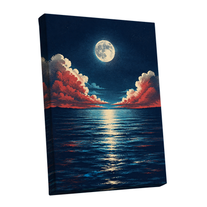 Moonlit Ember Sea, blue, red, beige nature wall art shown as a stretched canvas wall art