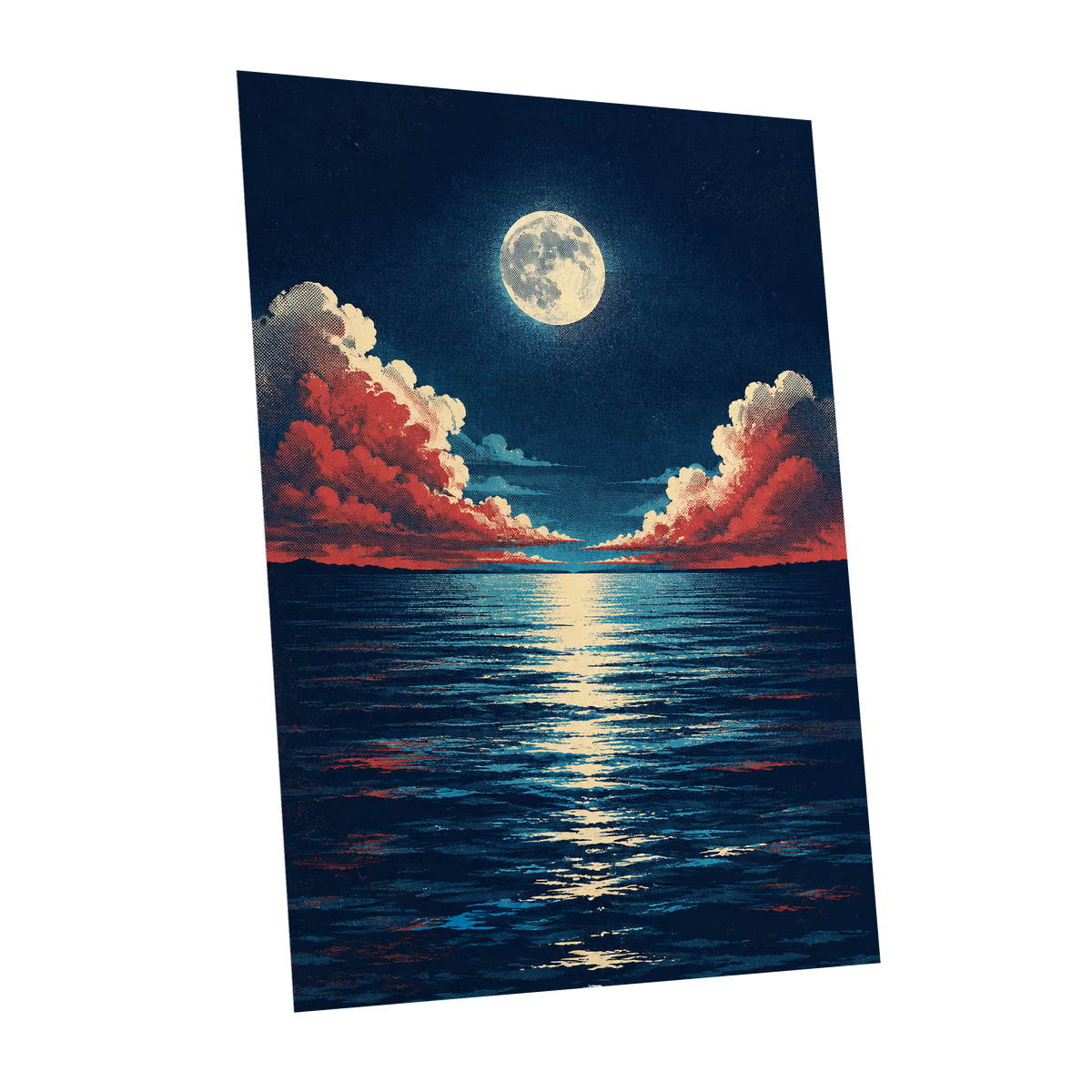 Moonlit Ember Sea, blue, red, beige nature wall art shown as a unframed poster wall art print