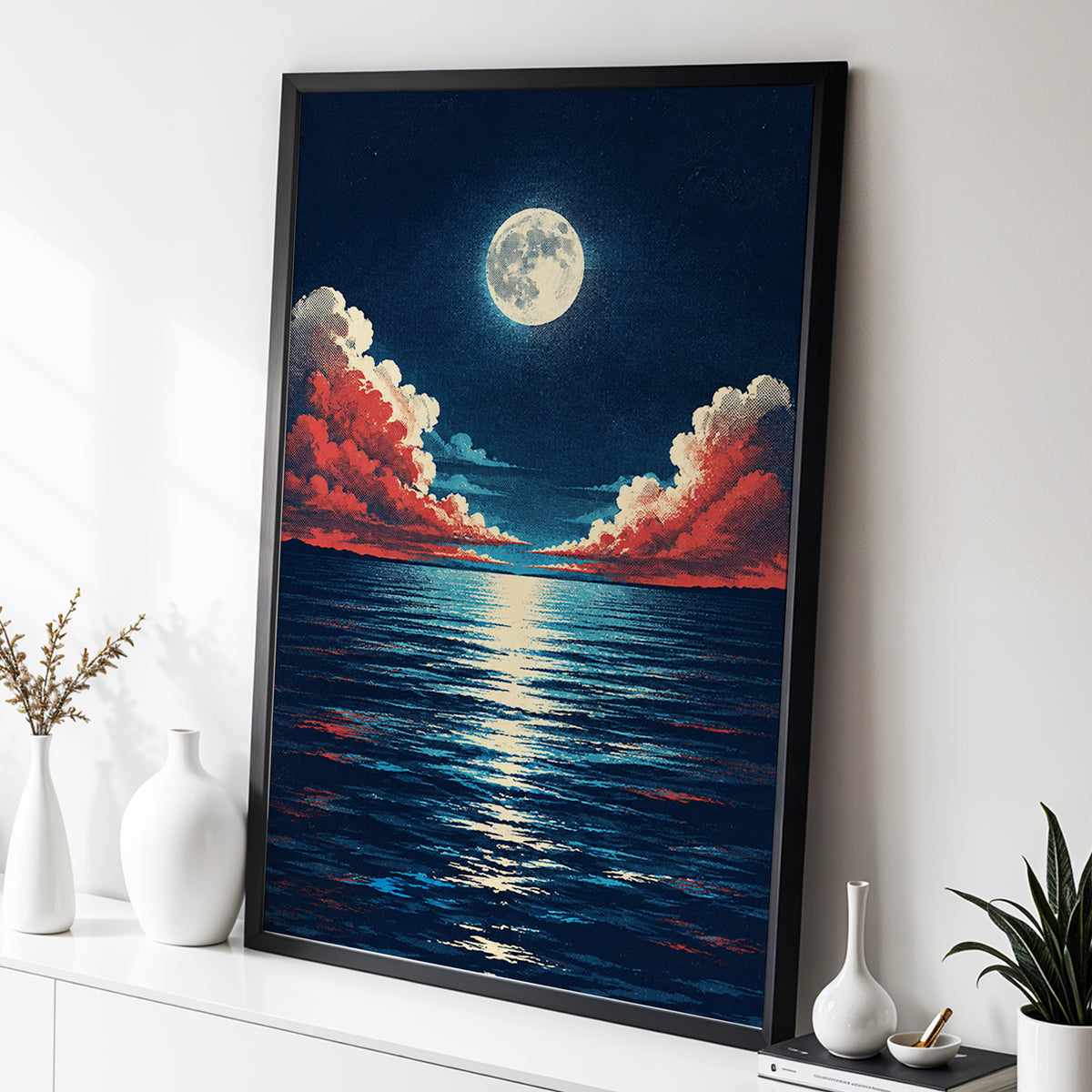 Moonlit Ember Sea, blue, red, beige nature wall art displayed in a styled interior, gallery view 2