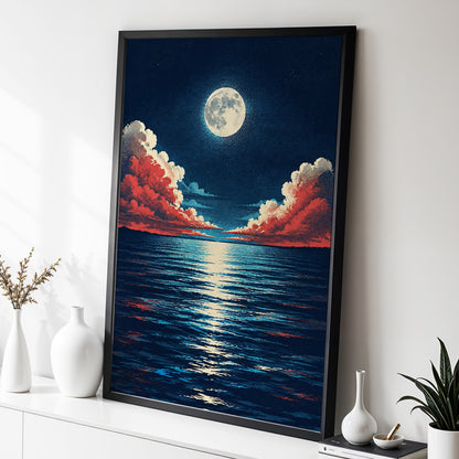 Moonlit Ember Sea, blue, red, beige nature wall art displayed in a styled interior, gallery view 2