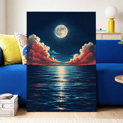 Moonlit Ember Sea, blue, red, beige nature wall art displayed in a styled interior, gallery view 3