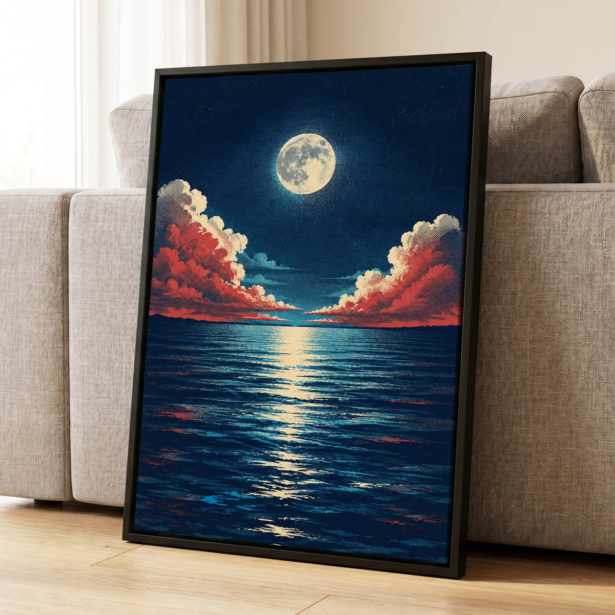 Moonlit Ember Sea, blue, red, beige nature wall art displayed in a styled interior, gallery view 4