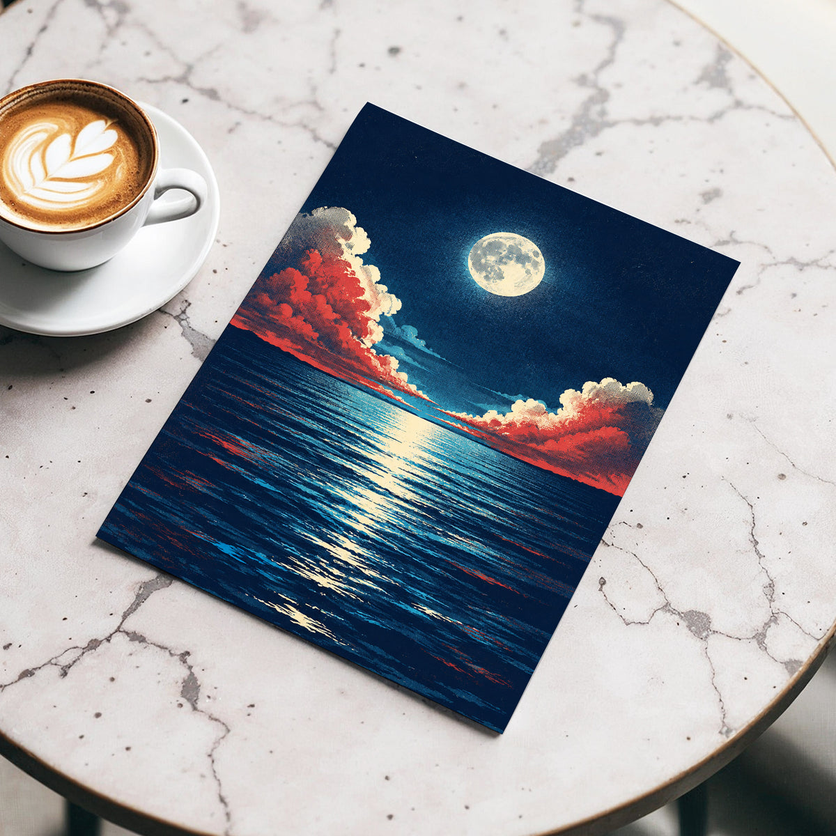 Moonlit Ember Sea, blue, red, beige nature wall art displayed in a styled interior, gallery view 5