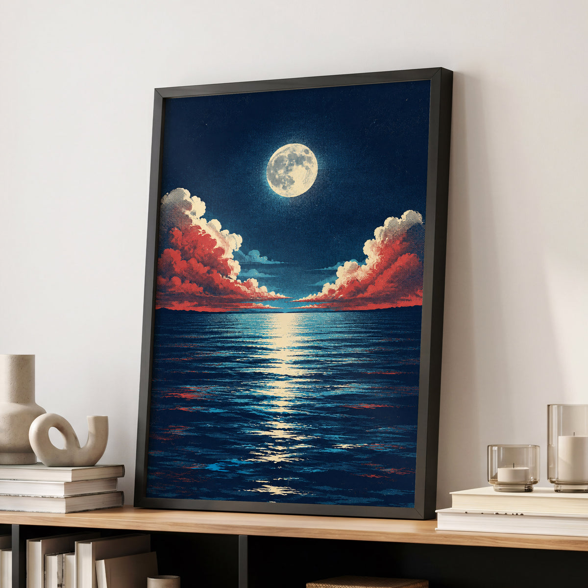 Moonlit Ember Sea, blue, red, beige nature wall art displayed in a styled interior, gallery view 6