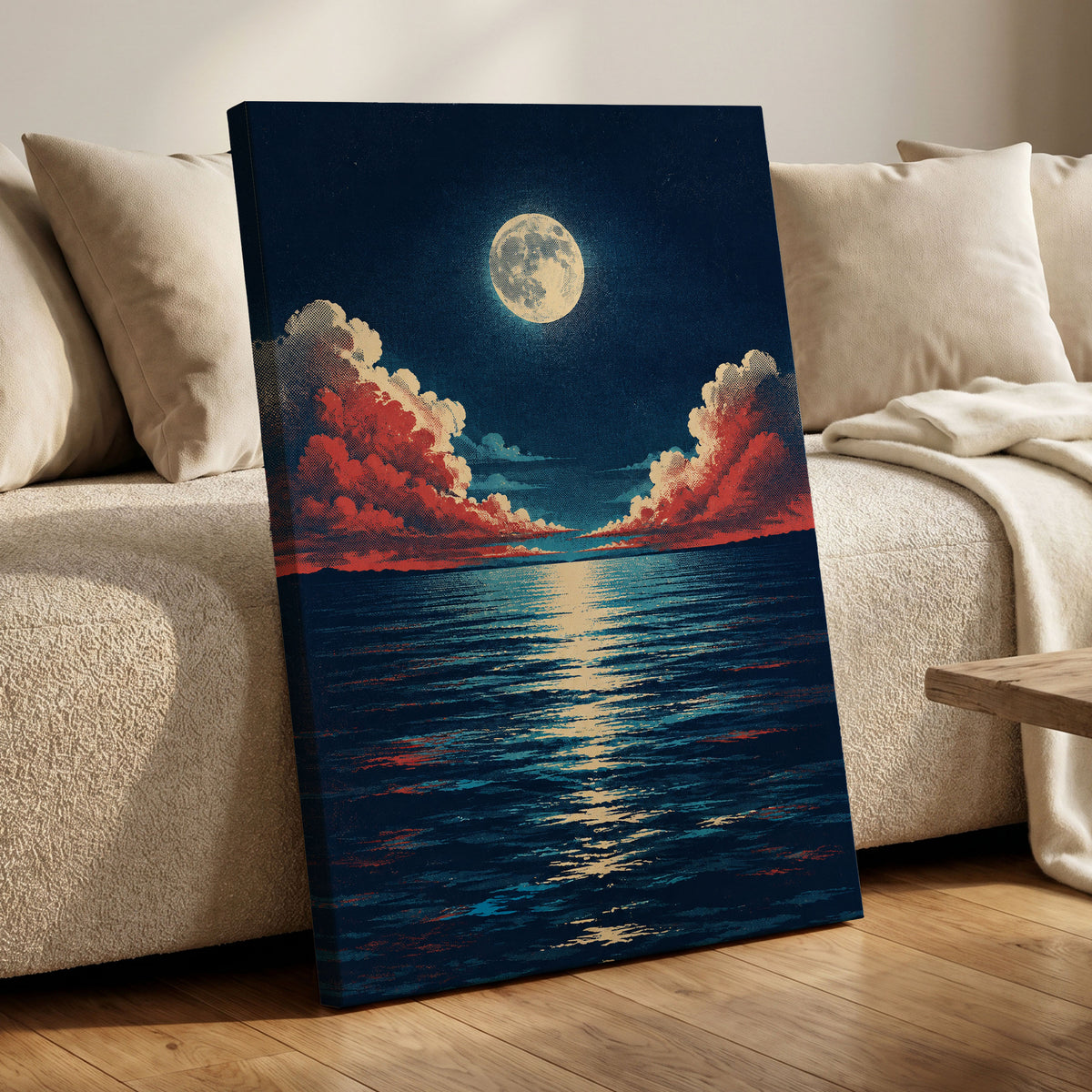 Moonlit Ember Sea, blue, red, beige nature wall art displayed in a styled interior, gallery view 7