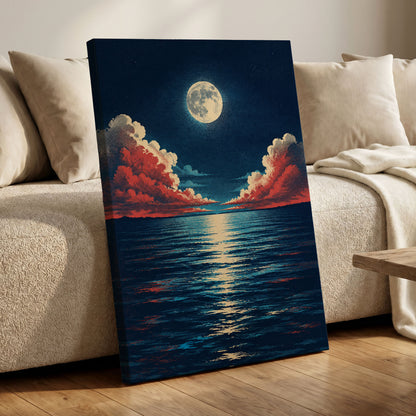 Moonlit Ember Sea, blue, red, beige nature wall art displayed in a styled interior, gallery view 7