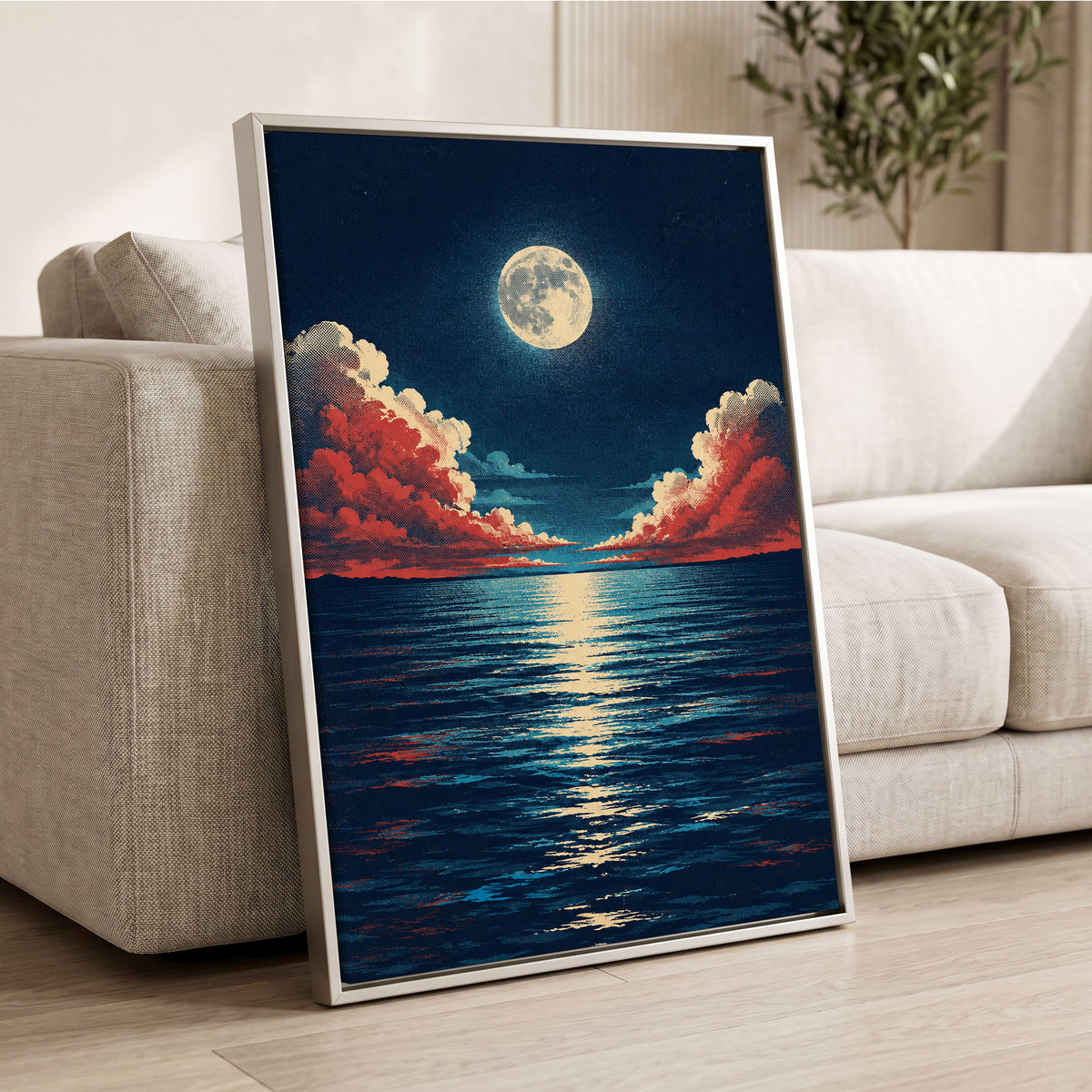 Moonlit Ember Sea, blue, red, beige nature wall art displayed in a styled interior, gallery view 8