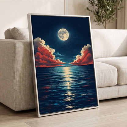 Moonlit Ember Sea, blue, red, beige nature wall art displayed in a styled interior, gallery view 8