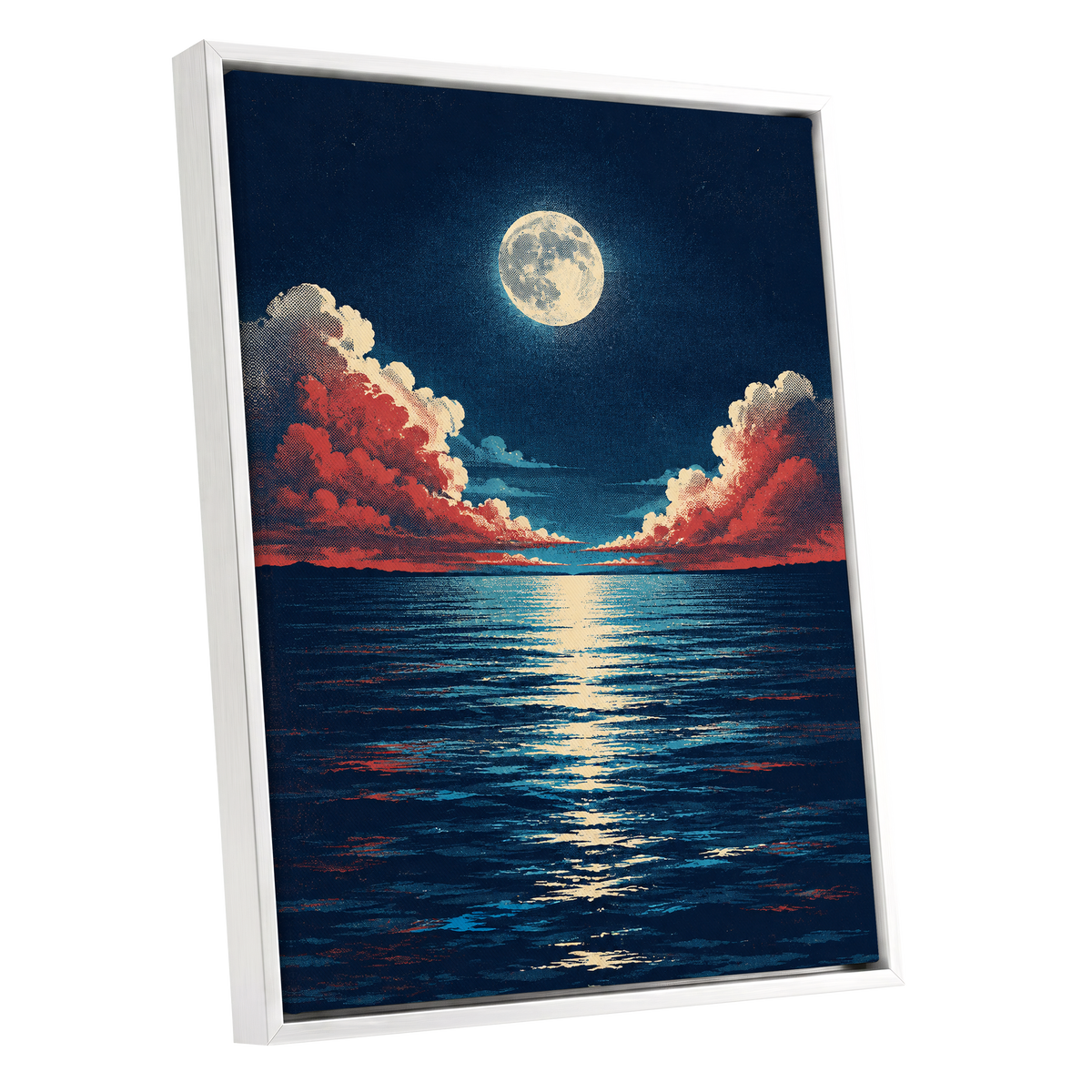 Moonlit Ember Sea, blue, red, beige nature wall art shown as a white framed canvas wall art
