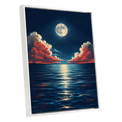 Moonlit Ember Sea, blue, red, beige nature wall art shown as a white framed canvas wall art
