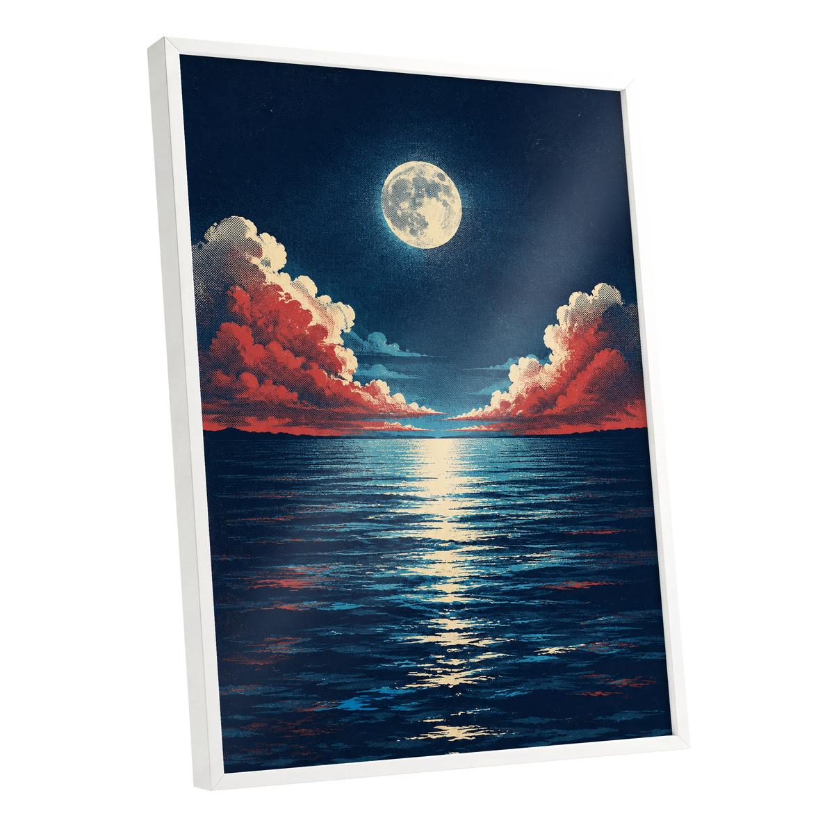 Moonlit Ember Sea, blue, red, beige nature wall art shown as a white framed poster wall art print