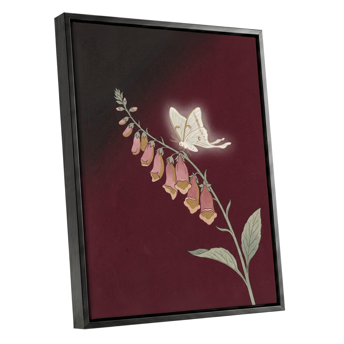 Moonlit Foxglove, black, red, pink floral wall art shown as a black framed canvas wall art