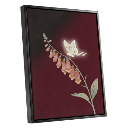 Moonlit Foxglove, black, red, pink floral wall art shown as a black framed canvas wall art