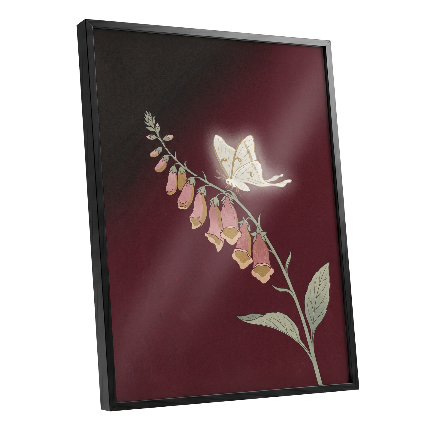 Moonlit Foxglove, black, red, pink floral wall art shown as a black framed poster wall art print