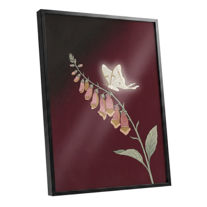 Moonlit Foxglove, black, red, pink floral wall art shown as a black framed poster wall art print