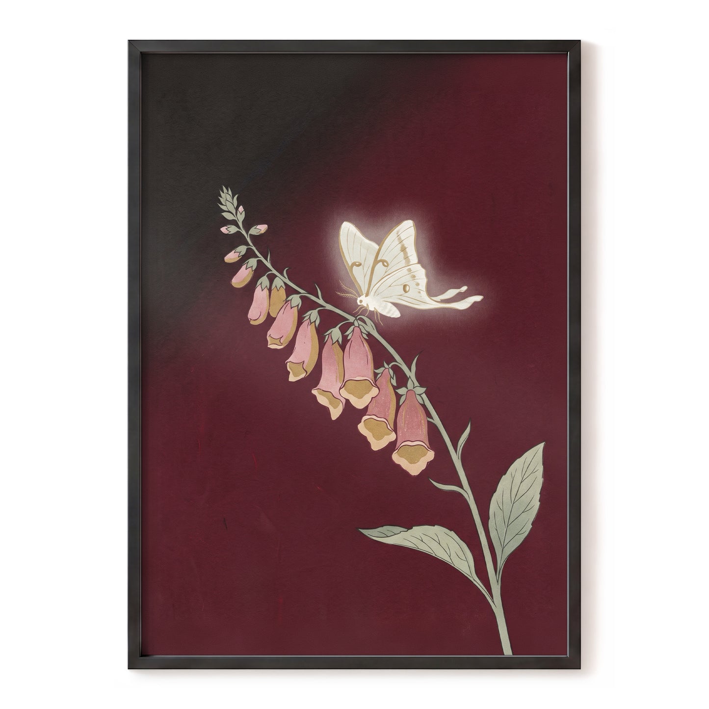 Moonlit Foxglove, black, red, pink floral wall art, front artwork view