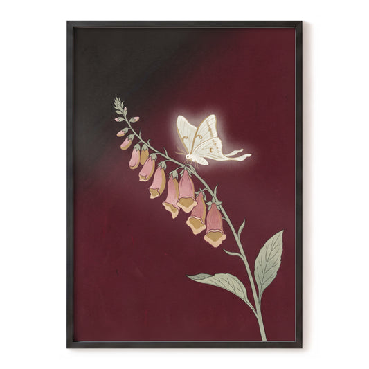 Moonlit Foxglove, black, red, pink floral wall art, front artwork view