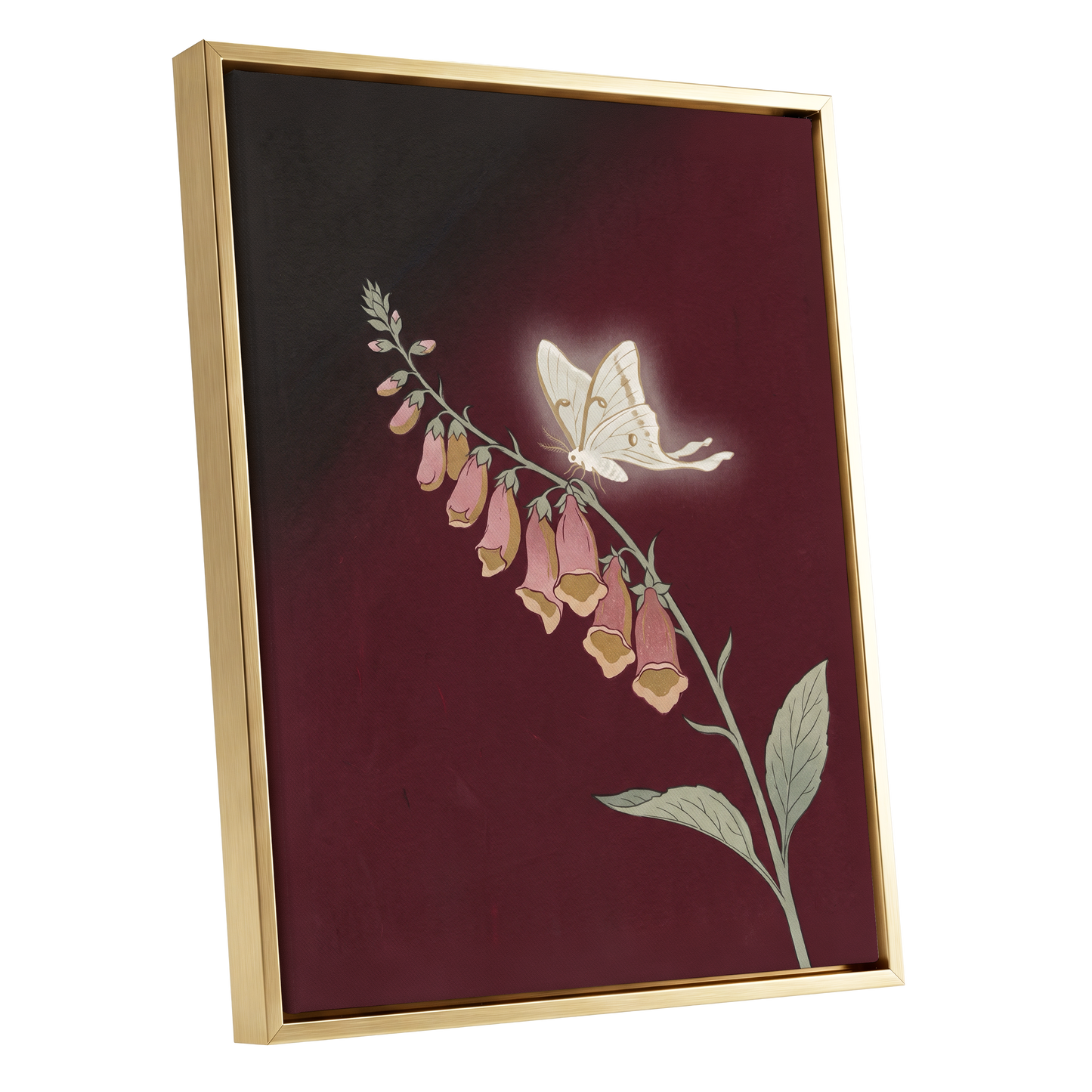 Moonlit Foxglove, black, red, pink floral wall art shown as a gold framed canvas wall art