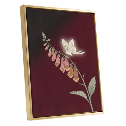 Moonlit Foxglove, black, red, pink floral wall art shown as a gold framed canvas wall art