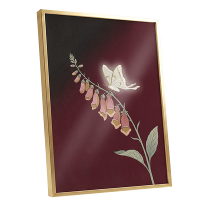 Moonlit Foxglove, black, red, pink floral wall art shown as a gold framed poster wall art print