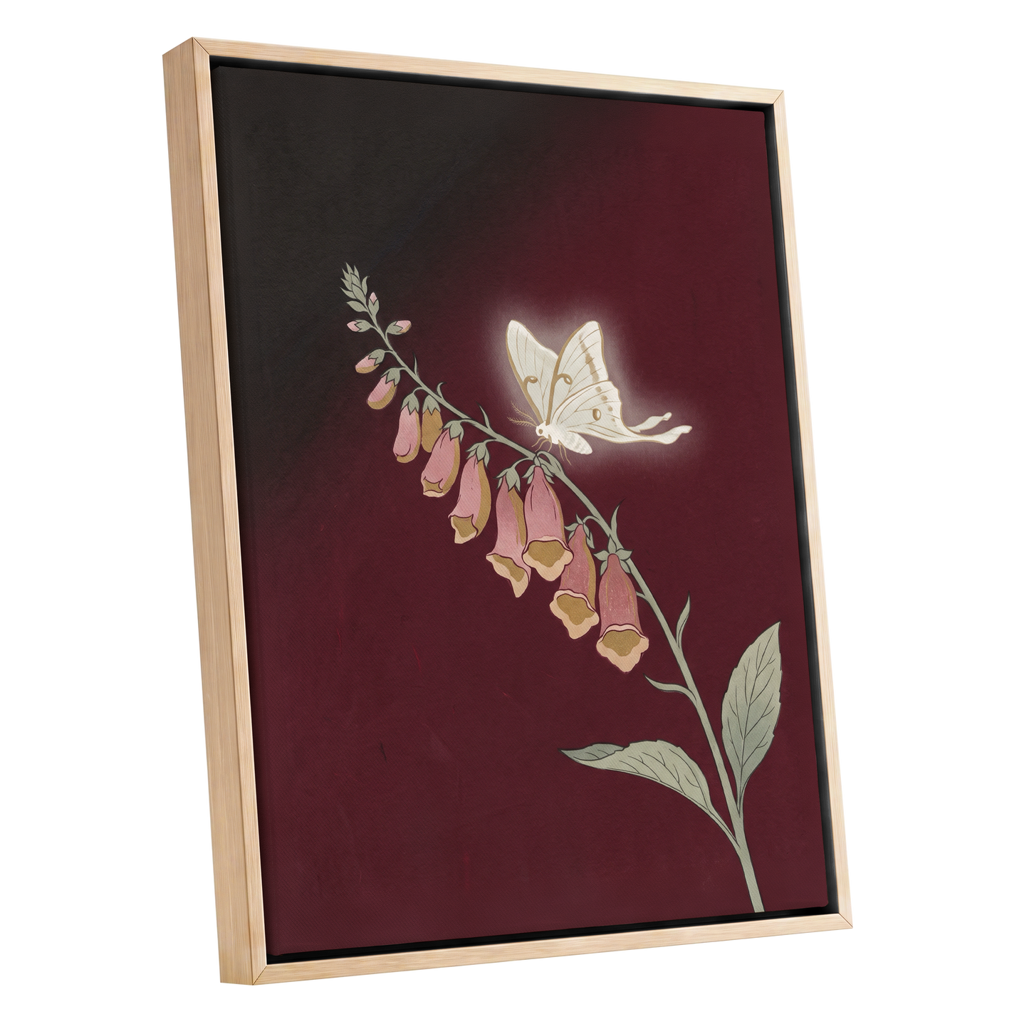Moonlit Foxglove, black, red, pink floral wall art shown as a oak framed canvas wall art