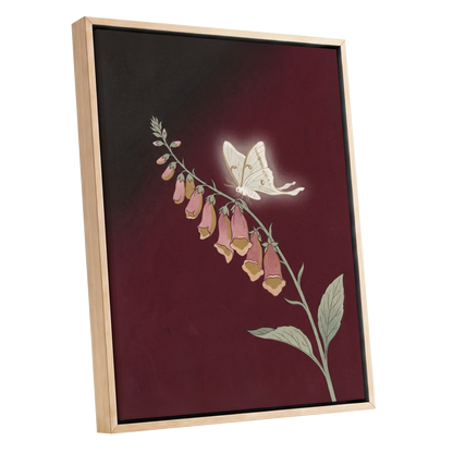 Moonlit Foxglove, black, red, pink floral wall art shown as a oak framed canvas wall art