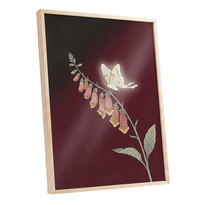 Moonlit Foxglove, black, red, pink floral wall art shown as a oak framed poster wall art print