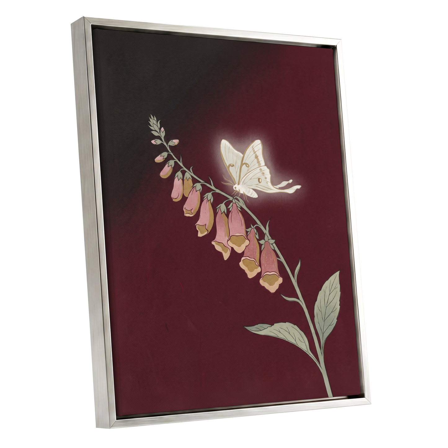 Moonlit Foxglove, black, red, pink floral wall art shown as a silver framed canvas wall art