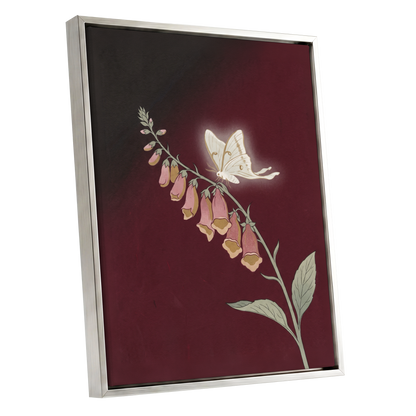Moonlit Foxglove, black, red, pink floral wall art shown as a silver framed canvas wall art