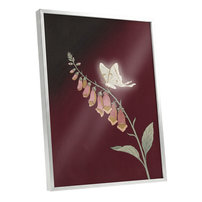 Moonlit Foxglove, black, red, pink floral wall art shown as a silver framed poster wall art print