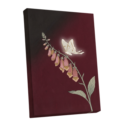 Moonlit Foxglove, black, red, pink floral wall art shown as a stretched canvas wall art