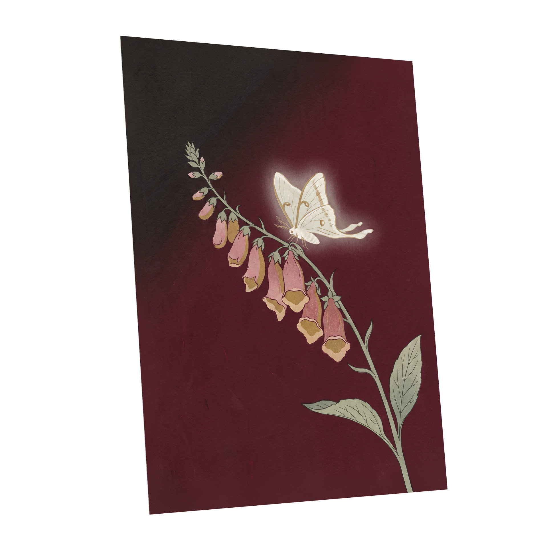 Moonlit Foxglove, black, red, pink floral wall art shown as a unframed poster wall art print